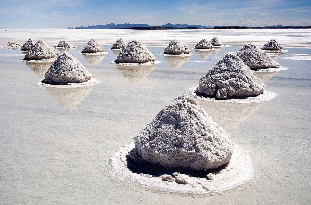 The Salar de Uyuni salt flat in Bolivia, stretching to the horizon under a pale sky.