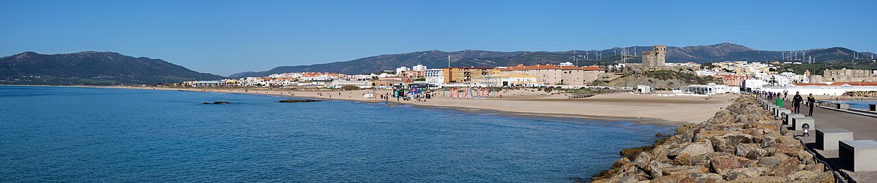Andalucian coastline near Tarifa in southern Spain, looking towards the Strait of Gibraltar.