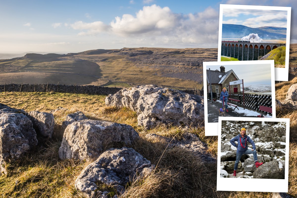 Yorkshire Dales collage — Settle-Carlisle steam train on viaduct, rugged landscape, Dent station.