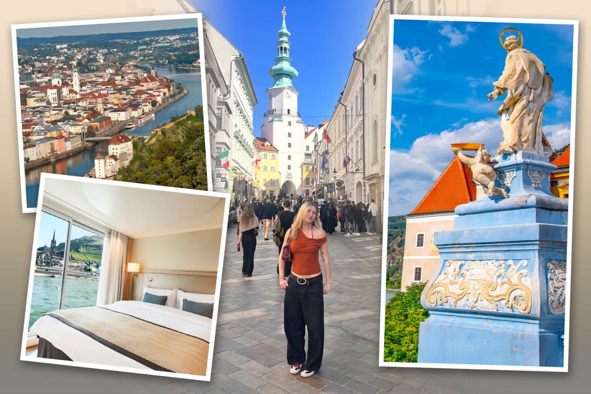 Aerial view of a Danube city, a pedestrian street, a statue and a ship cabin — Viking Danube Waltz river cruise.