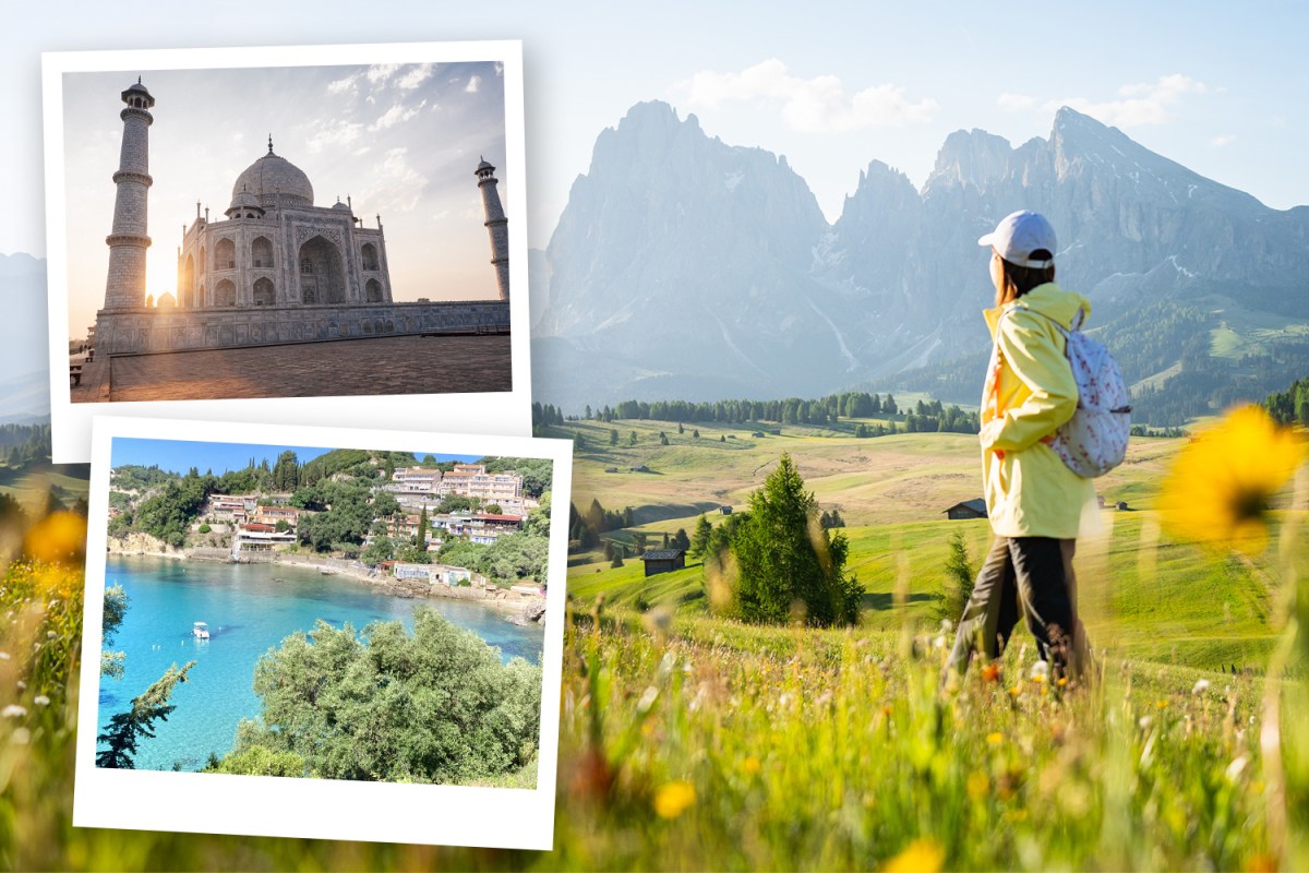Collage of a hiker in mountains, the Taj Mahal, and a coastal town — solo travel destinations.